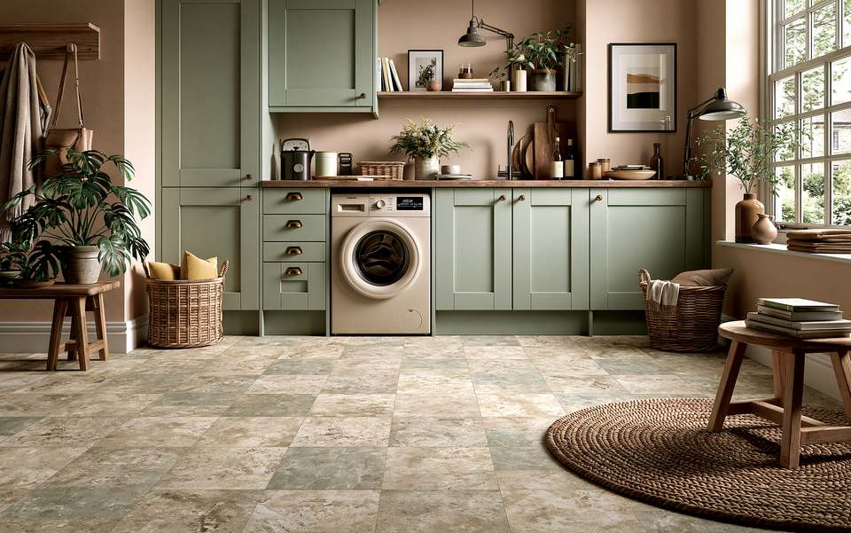 Stone tile-effect vinyl flooring in a utility room with sage-green cabinets and a wooden worktop